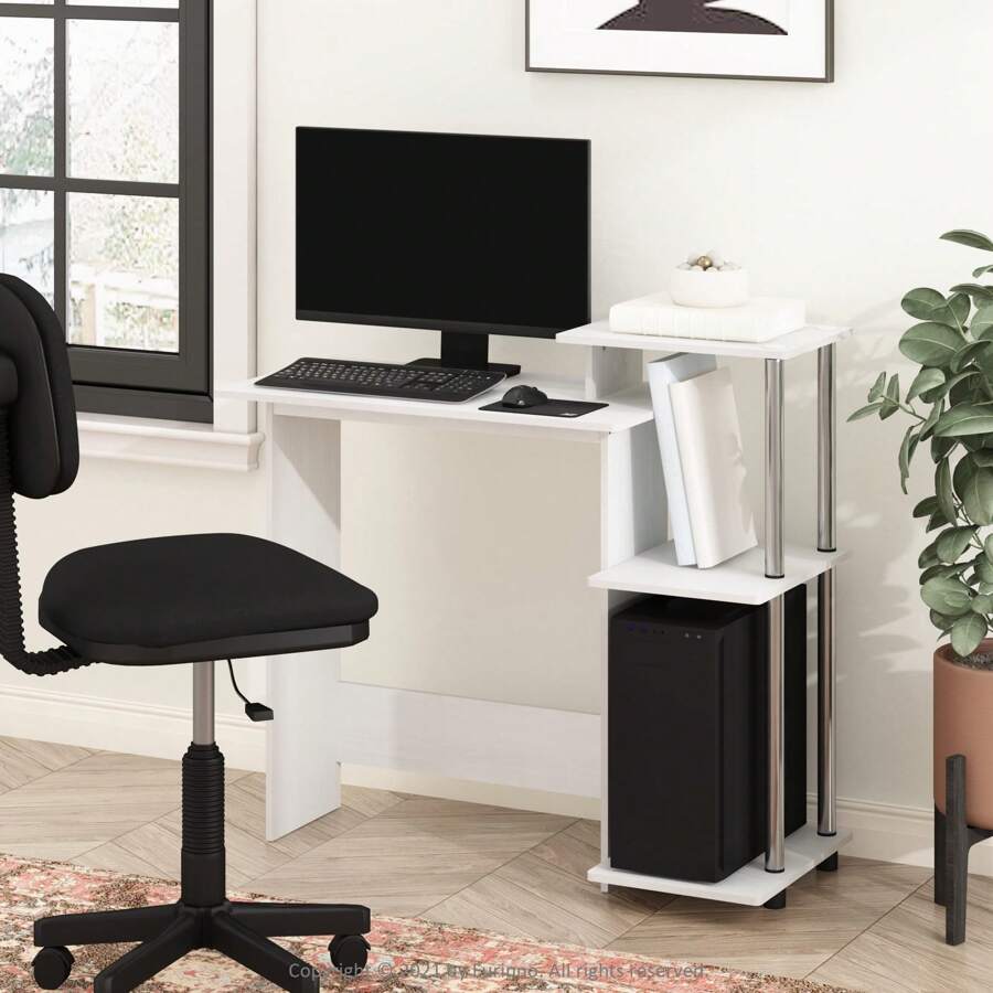Efficient Home Laptop Notebook Computer Desk With Square Side Shelves, Desk For Students, Clear Computer Desk, Desk Set For Studying, Black Home Office Desk, Americano/Chrome - Sồi trắng - Xem 1
