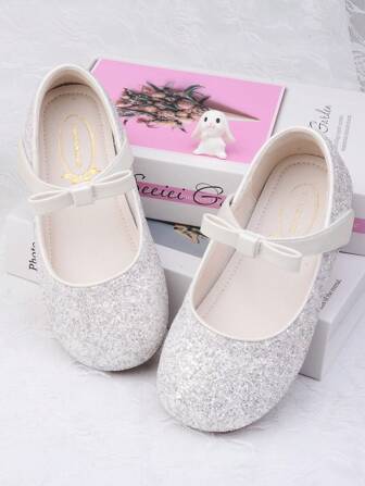 儿童公主鞋，女童软底平底鞋，带蝴蝶结和闪光装饰，派对礼服鞋