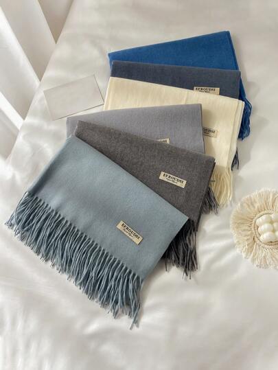 1 件女士羊绒混纺纯色长款流苏围巾，时尚披肩，适合秋冬季
