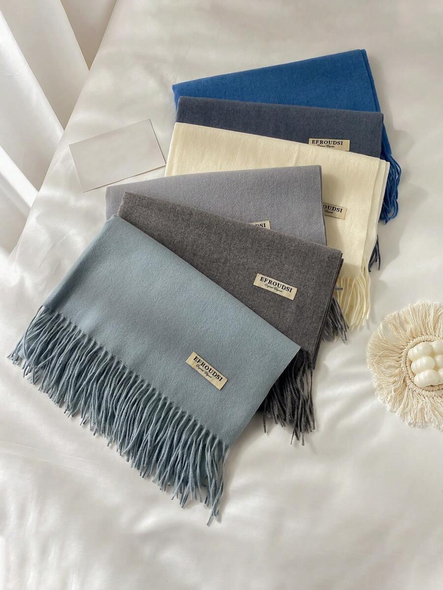 1 件女士羊绒混纺纯色长款流苏围巾，时尚披肩，适合秋冬季 - 彩色 - 查看 1