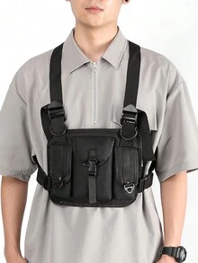 Bolso pectoral/chaleco con múltiples bolsillos de moda, mochila, bolsa de cintura, bolsa de pecho, bolso cruzado, bolso de Navidad, regalo de Navidad para hombres, bolso bandolera para hombres - Negro - Ver 4