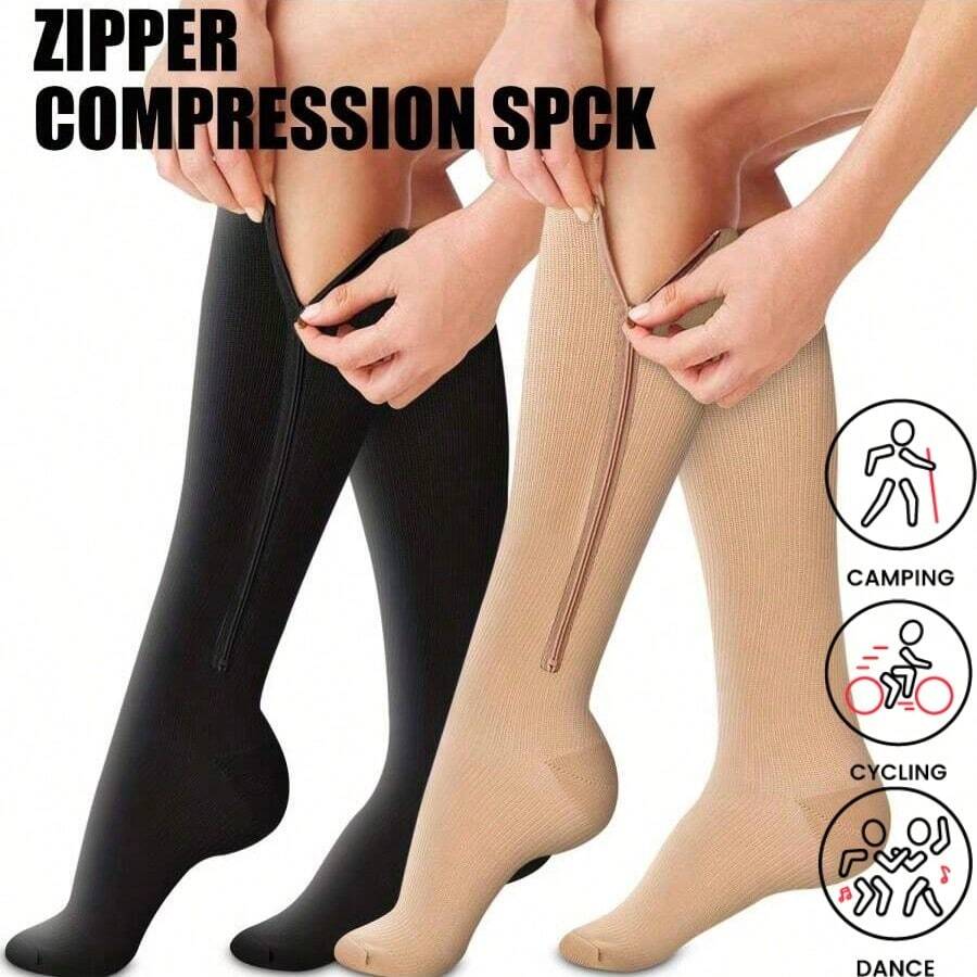 1 Đôi tất nén thể thao ngoài trời unisex - Cao đến đầu gối, áp lực 15-20mmHg, khóa kéo bên hông, thiết kế kín mũi, thích hợp cho thể thao.