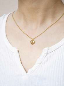 可爱心形项链，小巧 14k 金心形吊坠项圈项链，镶嵌透明粉红锆石，小巧金爱心吊坠项链，适合女士，精致金项链，适合女士的礼物 - Heart - 查看 14