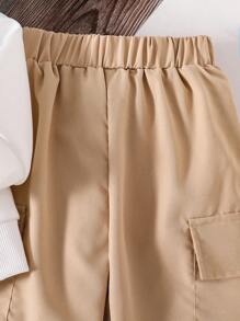 Young Girls Heart & Letter Print Warm Sweatshirt And Cargo Pants Set - Khaki - View 5