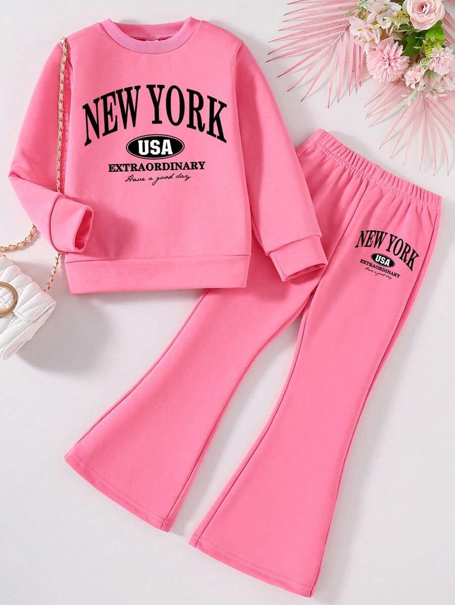 年轻女孩字母印花圆领运动衫和喇叭裤套装 - 粉色 - 查看 1
