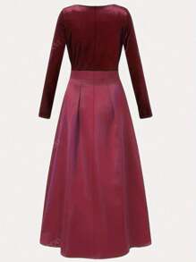 Vestido largo de manga larga con bolsillo, abertura alta y paneles de terciopelo y satén con escote en V profundo. Vestido elegante de cóctel y semiformal para fiestas, bodas, graduaciones, cenas, homecoming