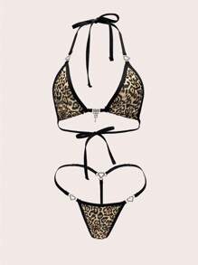 Women's Sexy 2-Piece Lingerie Set, Leopard Print Camisole Design With Heart-Shaped Ring Decor, Carnival - Multicolor - View 1