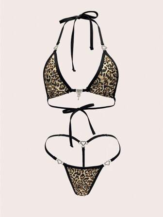Two-Piece Women's Sexy Underwear Leopard Print Halter With Heart Ring Embellishing Set, Rave