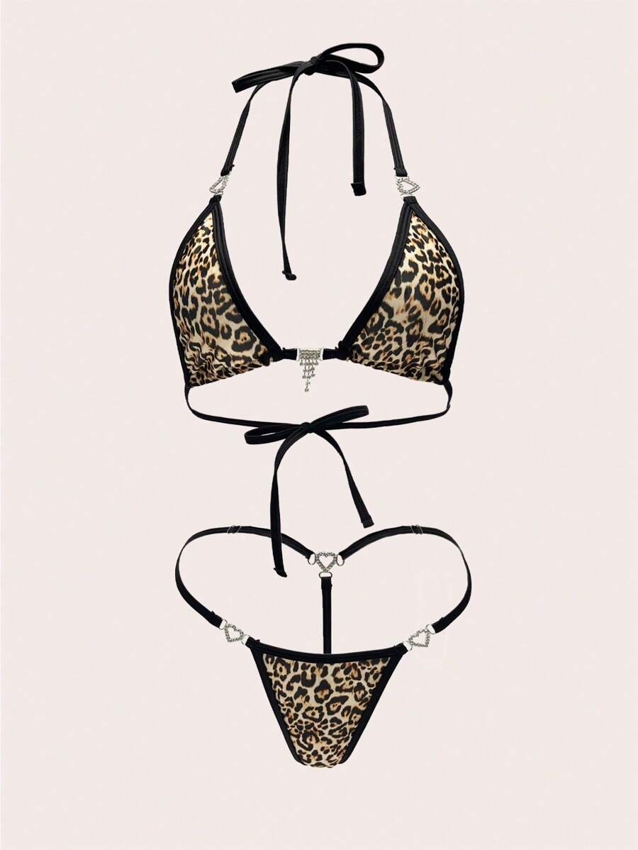 Women's Sexy 2-Piece Lingerie Set, Leopard Print Camisole Design With Heart-Shaped Ring Decor, Carnival - Multicolor - View 1