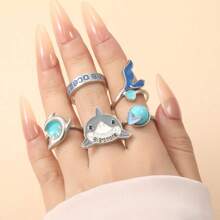5 Peças/Conjunto Anéis Pingentes Vintage Personalizados em Formato de Tubarão Turquesa, Gaivota, Coração