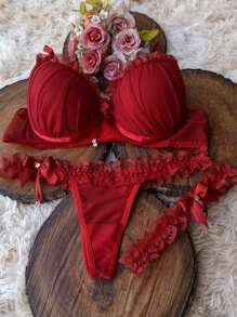 Luxury Lingerie Legging Set Thong Panties Sensual Lingerie Bra With Padded Bra With Persex Legging - Đỏ - Xem 1