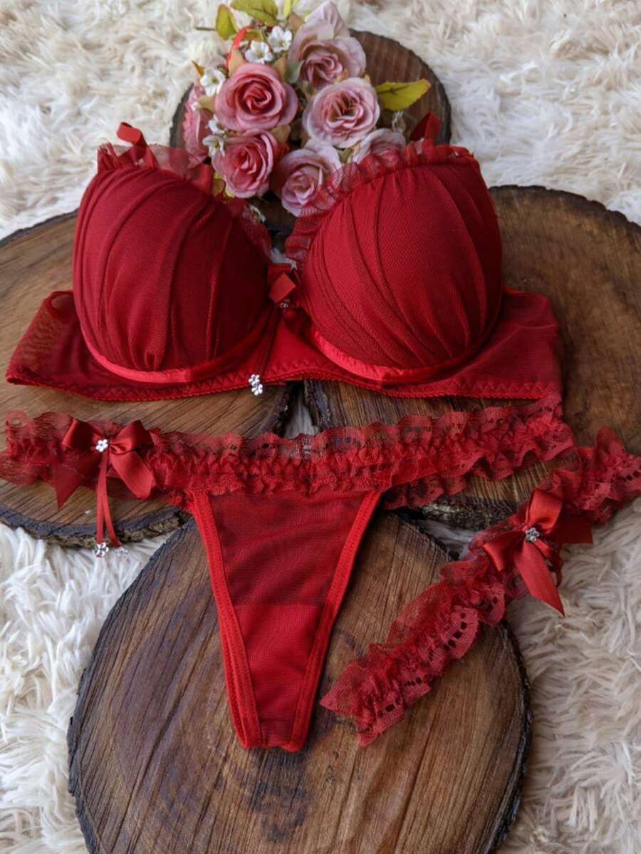 Luxury Lingerie Legging Set Thong Panties Sensual Lingerie Bra With Padded Bra With Persex Legging - Đỏ - Xem 1