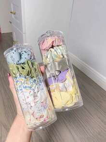 1pc Transparent Hair Tie Holder With Bamboo Lid, Hairband Storage Box, Hair Accessories Organizer, Makeup Pad Dispenser, Cosmetic Organiser, Scrunchie Hair Ornaments Display Case - Multicolor - View 5
