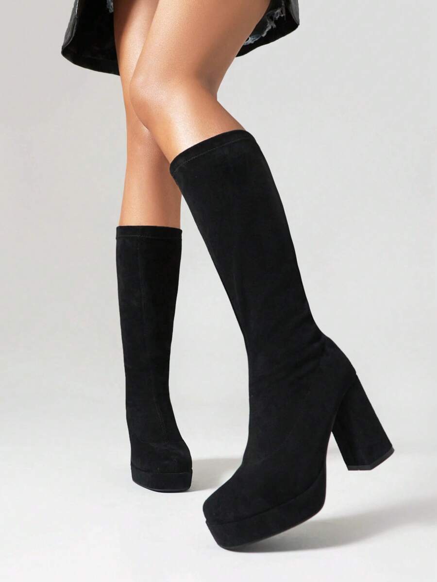 Women's Knee-High Elastic Boots, Square Toe, Water-Resistant Platform, Chunky Heels For Fall And Winter - Black - View 1