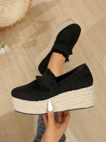 Sepatu Slip-On Espadrille Platform Wedge Ujung Bulat Wanita, Sepatu Hak Tinggi Suede Sol Tali Linen Kasual Luar Ruangan, Ukuran 35-43, Musim Semi/Gugur (Ukuran Setengah Lebih Besar) - Hitam - View 7
