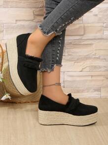 Sepatu Slip-On Espadrille Platform Wedge Ujung Bulat Wanita, Sepatu Hak Tinggi Suede Sol Tali Linen Kasual Luar Ruangan, Ukuran 35-43, Musim Semi/Gugur (Ukuran Setengah Lebih Besar) - Hitam - View 4