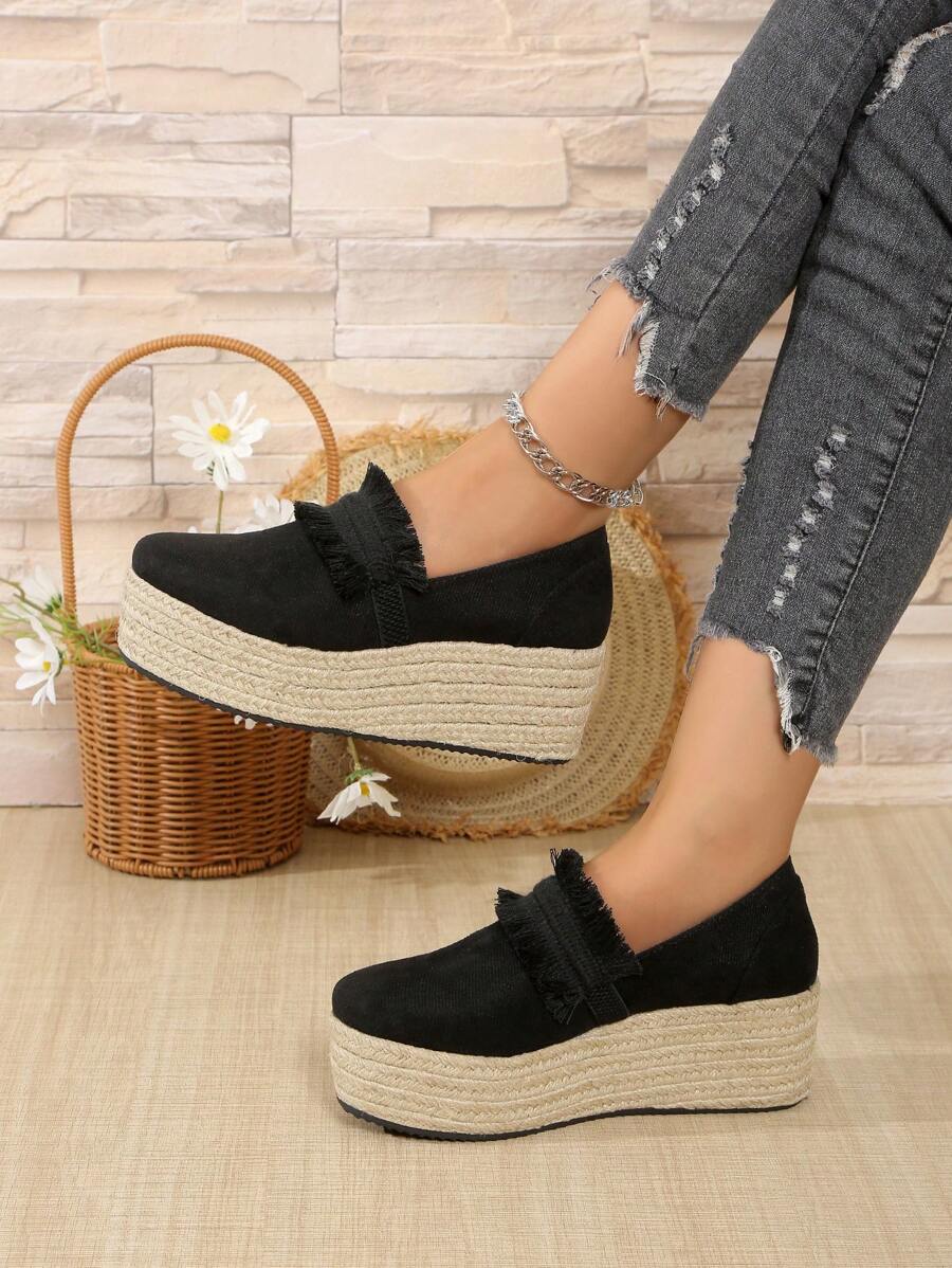 Sepatu Slip-On Espadrille Platform Wedge Ujung Bulat Wanita, Sepatu Hak Tinggi Suede Sol Tali Linen Kasual Luar Ruangan, Ukuran 35-43, Musim Semi/Gugur (Ukuran Setengah Lebih Besar)