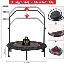 Ø101cm Trampolin ,Faltbares Fitness-Trampolin,Trampolin für Jumping Fitness,Tragfähigkeit 150 kg,Verstellbare Handlaufhöhe,Ausdauertraining,Verschiedene Personengruppen