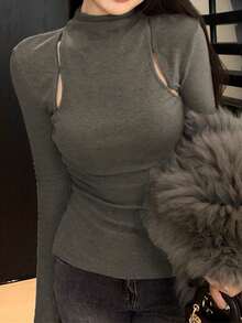 女款2024新款宽松针织毛衣高端镂空修身T恤法式 - 灰色 - 查看 3