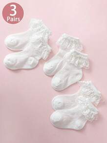 3 双女童蕾丝网眼透气荷叶边袜子适合日常穿着或派对,春夏季 - 白色 - 查看 9