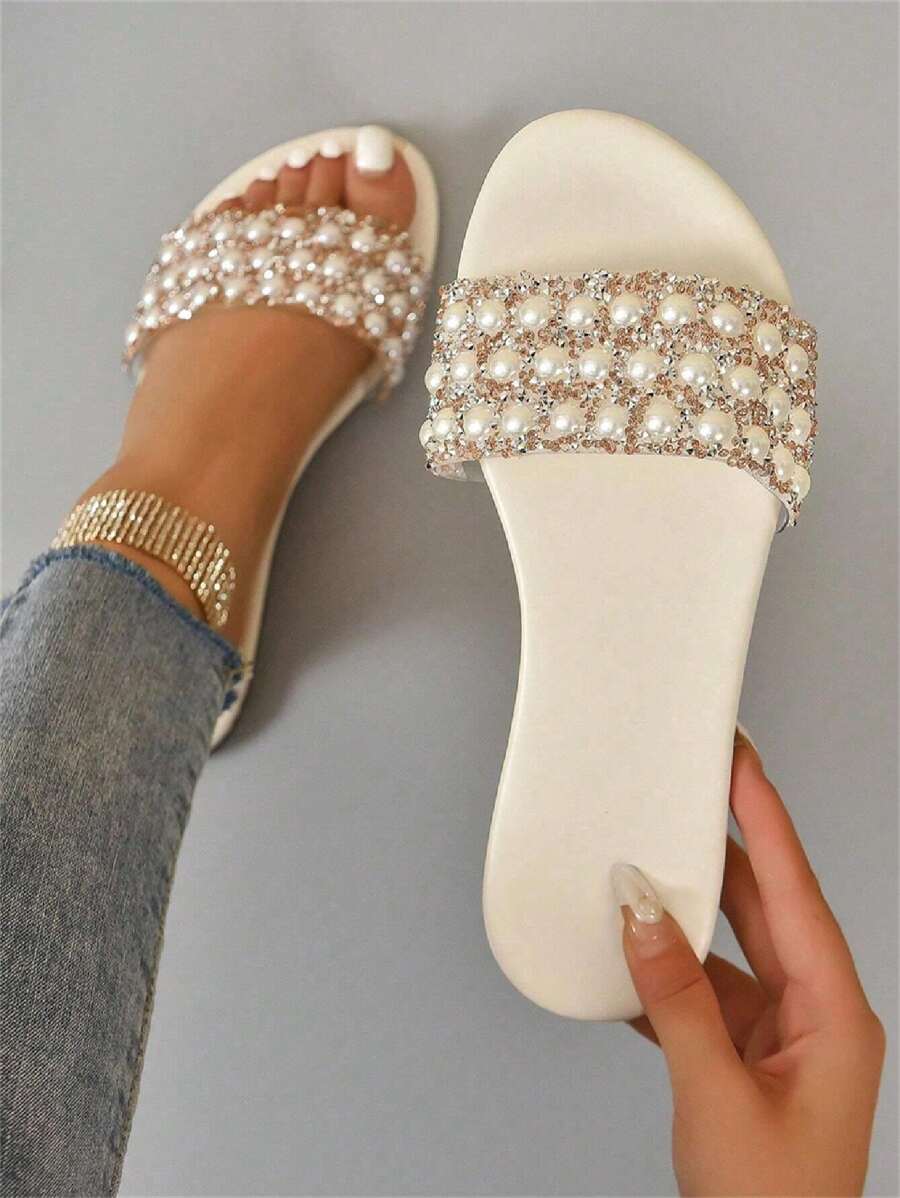 Sandalias planas de perlas brillantes para mujer, con puntera abierta, Mujer Sandalias planas cómodo,con diamantes de imitación, - Blanco - Ver 1