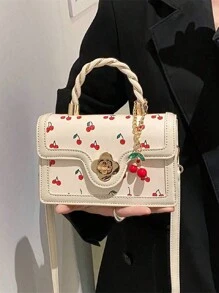 Túi Tote Pu cao cấp thời trang với hình vuông đa năng và họa tiết anh đào dễ thương, hoàn hảo để đi mua sắm, hẹn hò hoặc đeo chéo cho các cô gái. - trắng - Xem 2