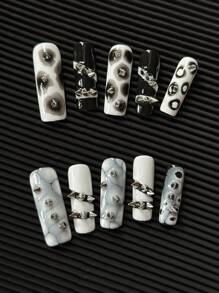 10Pcs/Bag Square Handmade Wear Nail, Multi-Color Nail Plates With Rivets Tie Dye Tie-Dye Pattern Punk Style Design Nail Art, Glossy Artificial Handcraft Diy False Nail For Women Press On Nails Nail Supplies Nails - Multicolor - View 5