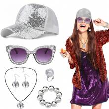 4 件 70 年代亮片帽子银色成人迪斯科帽 70 年代迪斯科配饰带亮片帽子太阳镜耳环迪斯科服装套装适合女士主题派对生日舞会万圣节 - 銀色 - 查看 15