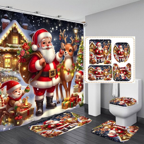 [Série de Natal] Conjunto de cortinas de chuveiro de 1/4 peças 180 * 180 cm / 70 * 70 polegadas, árvore de Natal, Papai Noel, conjunto de cortinas de chuveiro estampadas com meias de Natal, cortina de chuveiro à prova d'água, conjunto de divisórias de banheiro com 12 ganchos, carpete de banheiro, tapetes em formato de U para vaso sanitário, tapetes para assento sanitário, divisórias de banheiro, decorações de Natal, usadas para decorações de banheiro de Natal e também podem ser usadas diariamente em materiais de fibra de poliéster, acessórios de decoração de outono para banheiro, volta às aulas