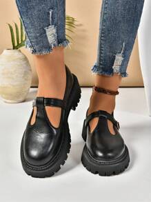 Women's Solid Color Fashion Slip-On Metal Buckle Decor Thick Sole Shoes, Classic Black Daily Wear Loafers, College Style