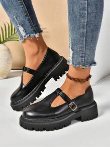 Women's Solid Color Fashion Slip-On Metal Buckle Decor Thick Sole Shoes, Classic Black Daily Wear Loafers, College Style