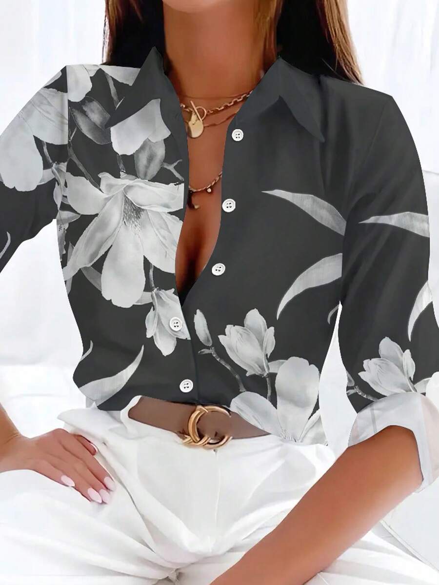 新款欧美时尚女式印花长袖衬衫，夏秋季 - 深灰色 - 查看 1