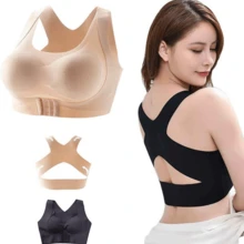Ropa interior sin costuras de seda de hielo para mujer sin anillo de acero, espalda hermosa, pecho pequeño, sujetador fruncido, levantador, reafirmante y correctivo,Sujetador deportivo sin costuras Backjia dos en  corrector jorobado fruncido para recoger los senos laterales sin aro de acero sujetador moldeador para mujeres - Negro - Ver 3