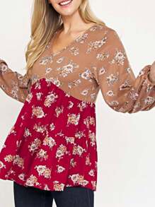 Boho Retro 90's Vintage Ditsy Floral V Neck Empire Waist  Bubble Puff Long Sleeve Tunic Top - 酒紅色 - 查看 5
