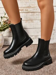 极简复古弹力切尔西靴、极简套穿切尔西靴、黑色朋克纯色切尔西靴、黑色靴子 - 黑色 - 查看 7