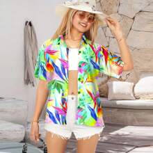 HAPPY BAY Vacay Hawaiian Shirts Womens Casual Summer Vacy Beach Aloha Party Blouse Shirt Dressy Blouses Short Sleeve Collared Vacation Tops Dress Shirts T Shirts For Women - 多彩多姿, 葉子 - 查看 1