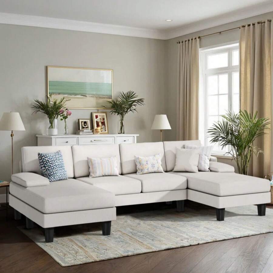 Sectional Sofa Couches For Living Room, U Shaped Modular Sectional Sofa, Convertible Sofa Bed 6 Seats Sectional Sleeper Sofa Comfy Couch With Adjustable Backrest - White - View 1