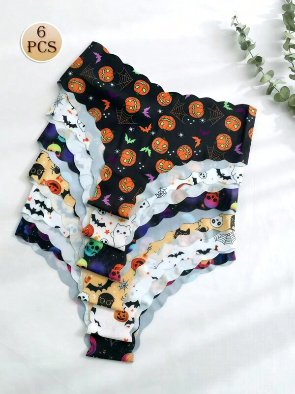 6 Pieces Halloween Skull Pumpkin Printed Women's Triangle Pants, Funny Ghost Printed Series