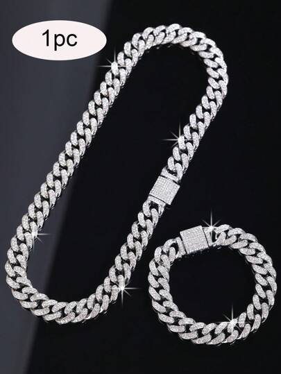 1件嘻哈风冰晶水钻项链手链套装，时尚锌合金饰品，男女皆宜