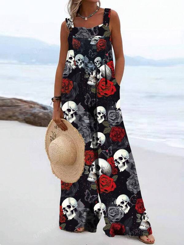 Plus Size Women Skull & Floral Printed Pocket Loose Fashionable Casual Bib Pants
