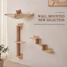 1pc Natural Wooden Cat Wall Shelf, Wall Mounted Cat Scratching Post With Sisal Rope, Holds Up To 12kg (26lb) - Apricot - View 3