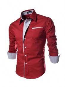 Men's Dress Shirt Short Sleeve Slim Fit Long Casual - 紅色 - 查看 2