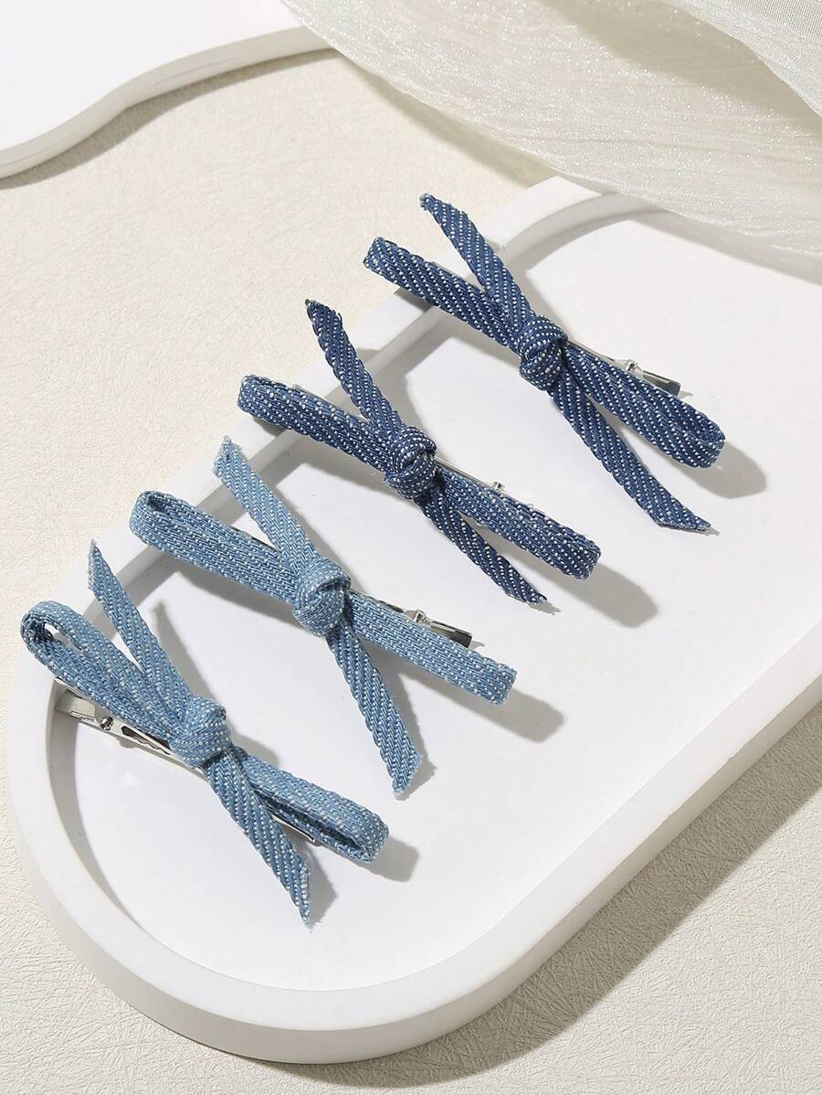 4pcs Y2K Style Jeans Fabric Bow Hairclips For Girls Side Bangs And Braids - Multicolor - View 1