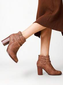 Chunky High Heel Ankle Boots Close Toe Fall Heeled Booties Shoes