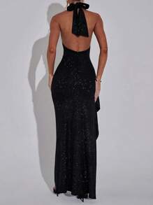 Sexy Sleeveless Backless Bodycon Slit Sequined Party Dress - Black - View 4