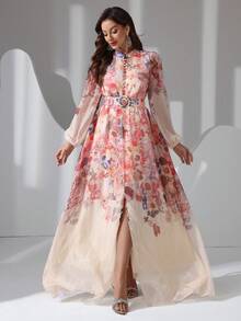 女士优雅花卉印花灯笼袖随意剪裁阿拉伯风格连衣裙 - 彩色 - 查看 3