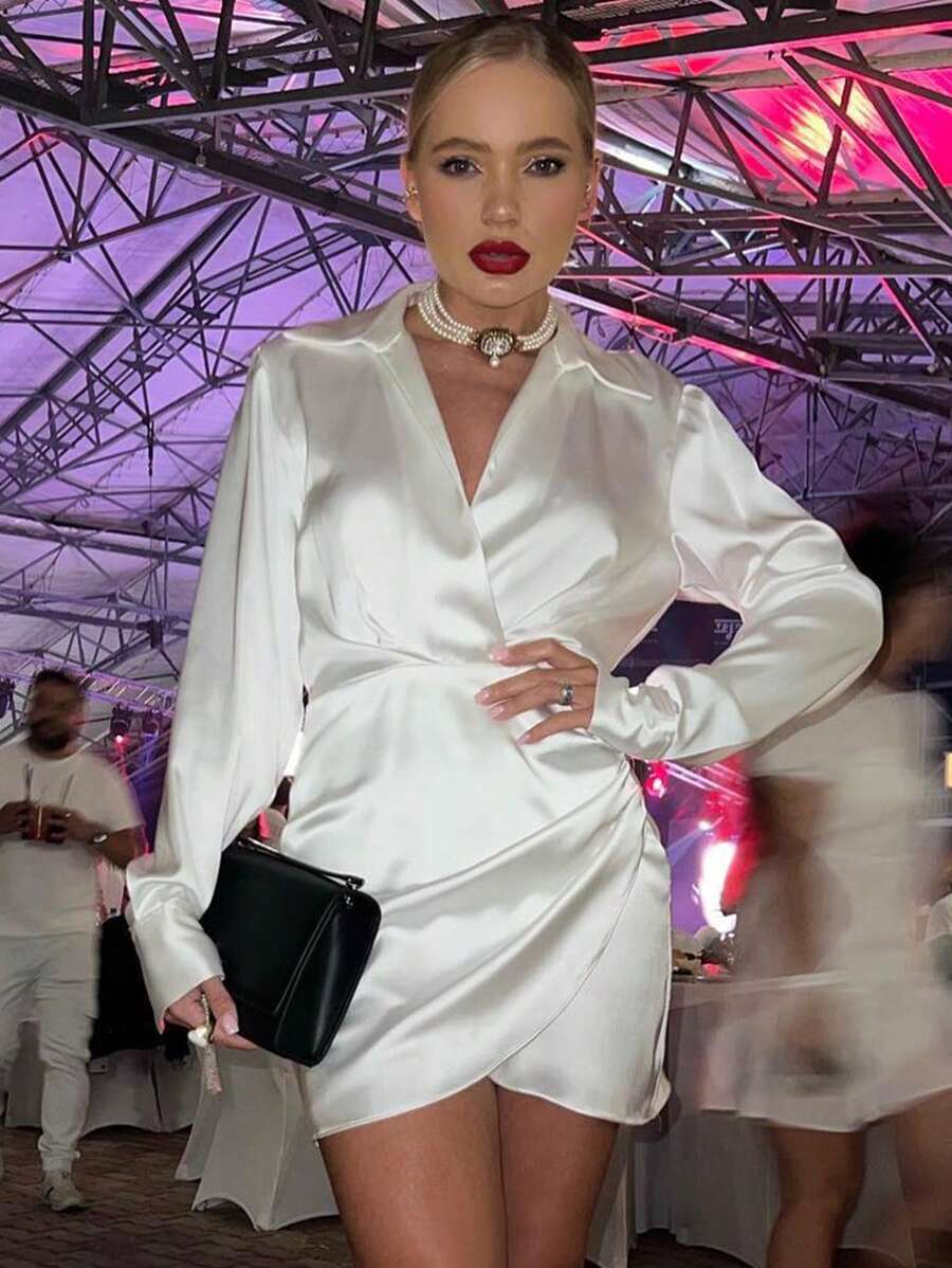 Women Spring Autumn Fall Softness Comfy Satin V Neck Shirt Wrap Mini Dress - White - View 1