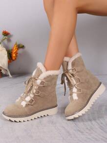 Botas femininas elegantes com forro térmico de cano médio, cadarço de cor sólida, salto plano, botas de inverno confortáveis