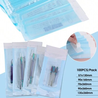 100个指甲消毒袋，5种尺寸，自封式消毒袋，适用于美甲工具，一次性收纳袋，可用于存放镊子、角质推、剪刀和其他指甲护理工具