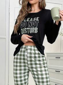 2pcs Women's Casual Letter & Plaid Print Crew Neck Long Sleeve Pajama Set, Autumn & Winter - Multicolor - View 3
